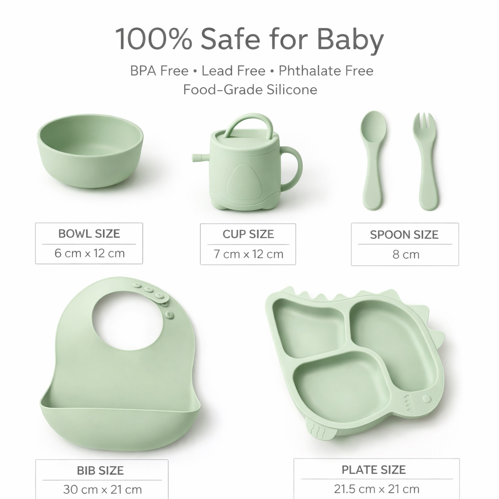 Silicone Baby Feeding Set (Green) | Plate + Bowl + Bib + Straw Cup + Spoon + Fork | BPA-Free | Spill Proof | Mess-Reducing Mealtime Kit