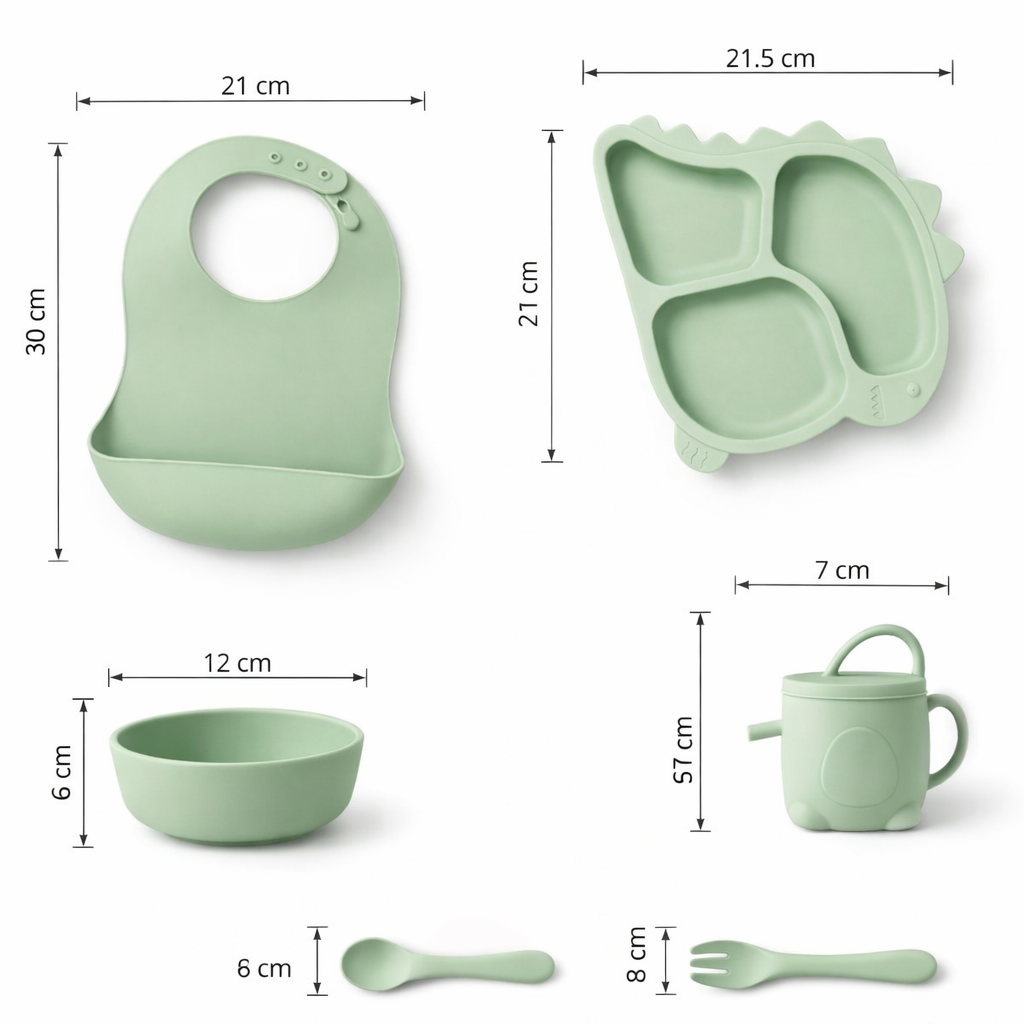 Silicone Baby Feeding Set (Green) | Plate + Bowl + Bib + Straw Cup + Spoon + Fork | BPA-Free | Spill Proof | Mess-Reducing Mealtime Kit