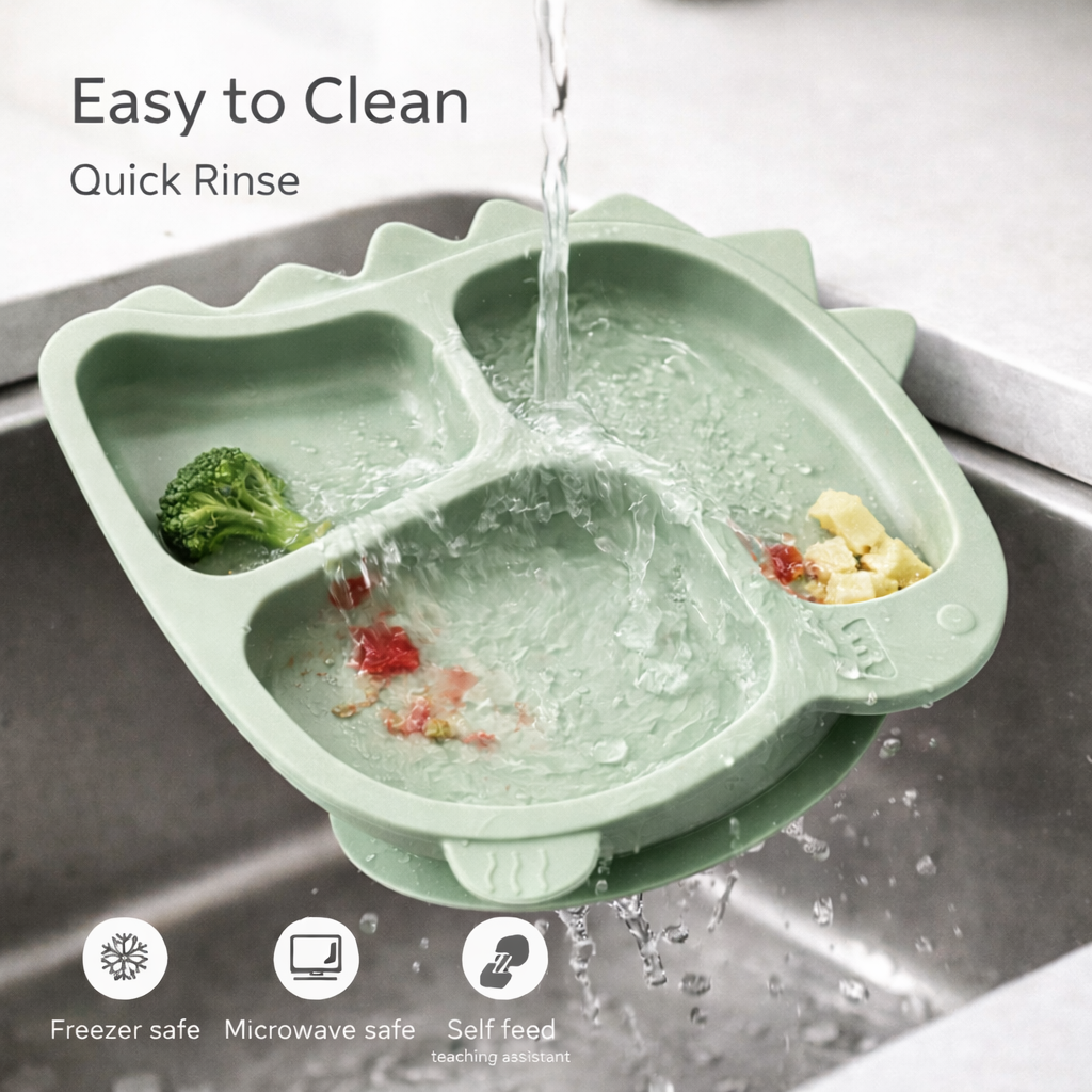 Silicone Baby Feeding Set (Green) | Plate + Bowl + Bib + Straw Cup + Spoon + Fork | BPA-Free | Spill Proof | Mess-Reducing Mealtime Kit