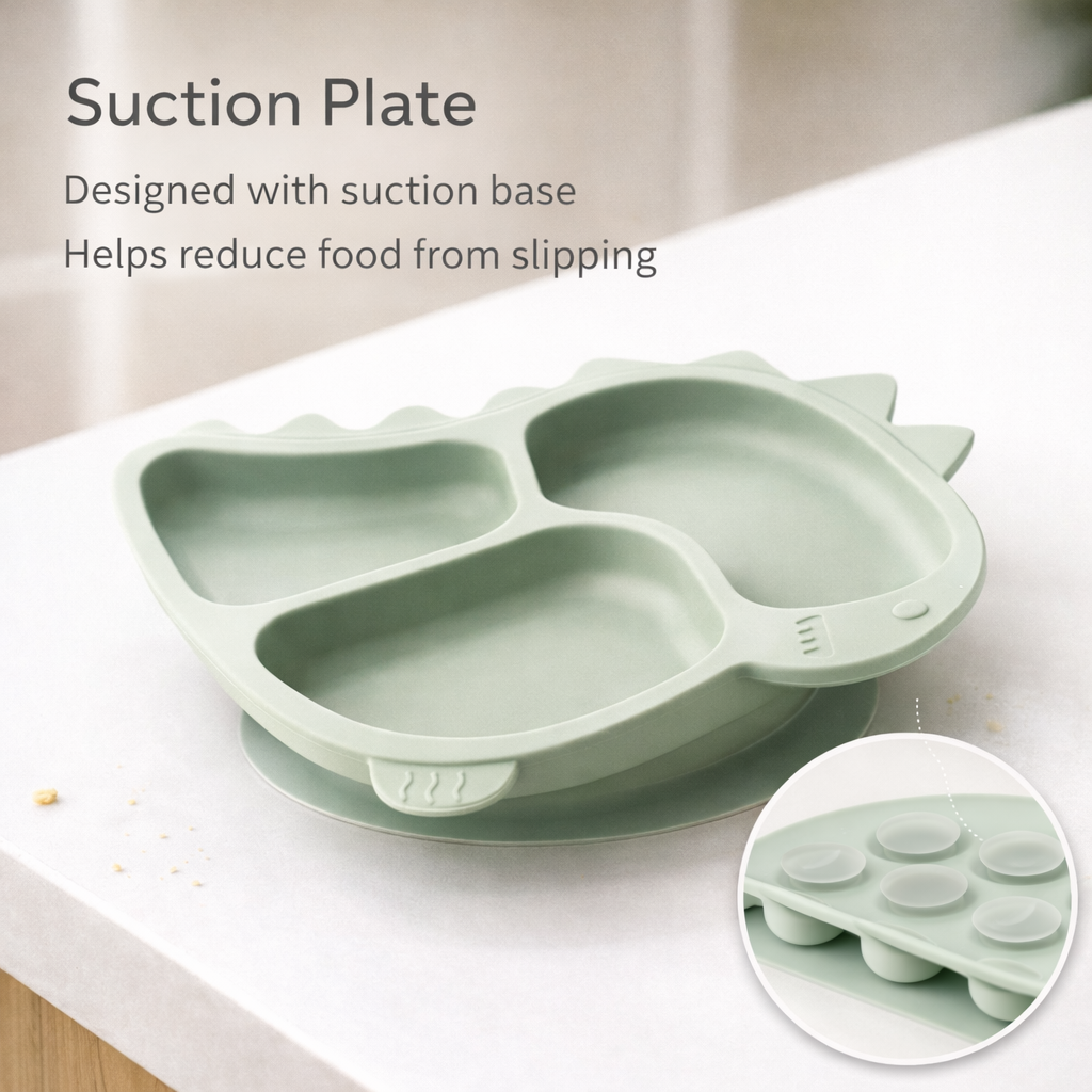 Silicone Baby Feeding Set (Green) | Plate + Bowl + Bib + Straw Cup + Spoon + Fork | BPA-Free | Spill Proof | Mess-Reducing Mealtime Kit