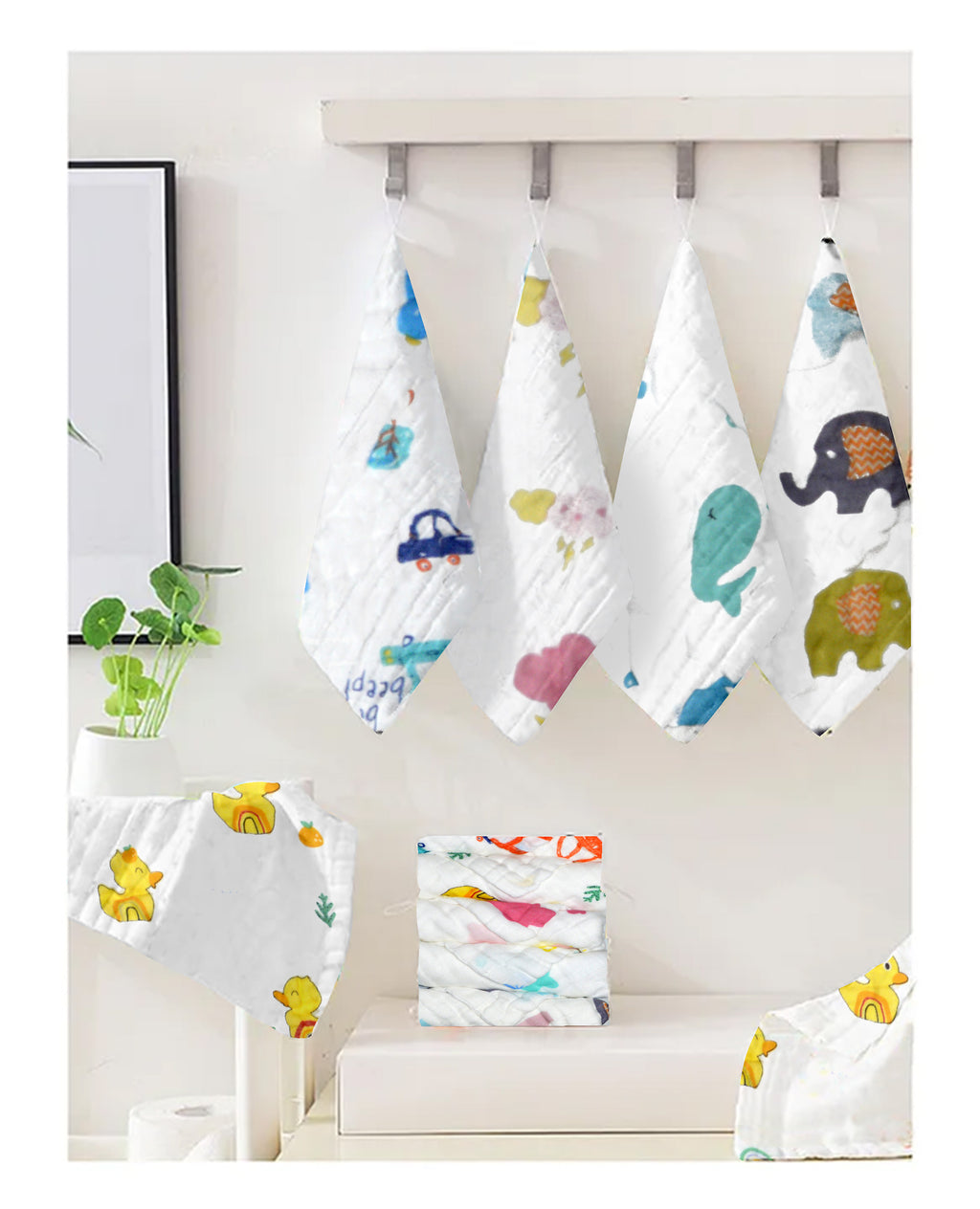 Set of colorful baby face towels with animal prints