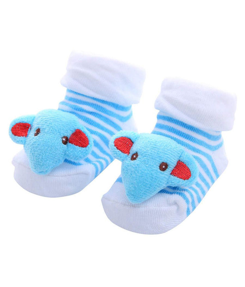 Pair of baby socks with blue and white stripes and cartoon character