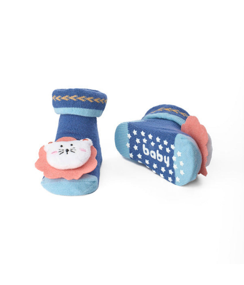 Pair of blue baby socks with lion design