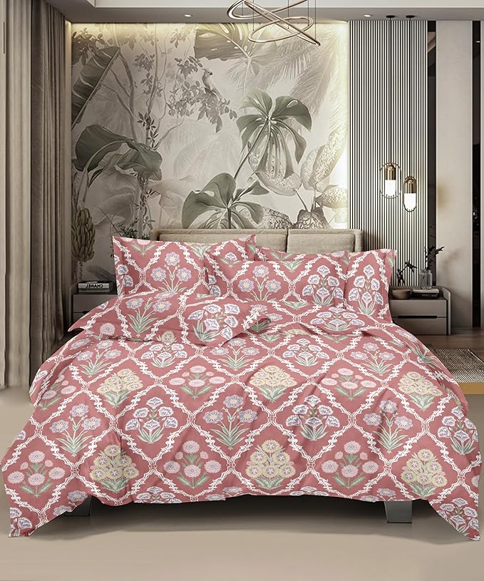 Peony Paradise Coral Glaze Cotton Bedsheet Double Bed