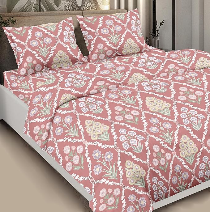 Peony Paradise Coral Glaze Cotton Double Bedsheet