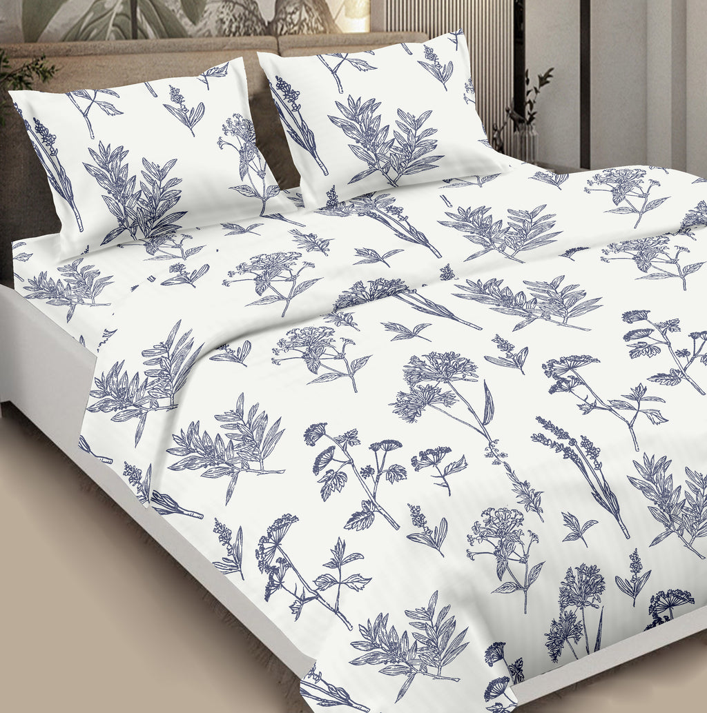 Polycotton Pillow Cover Aquatic Blossoms White Blue