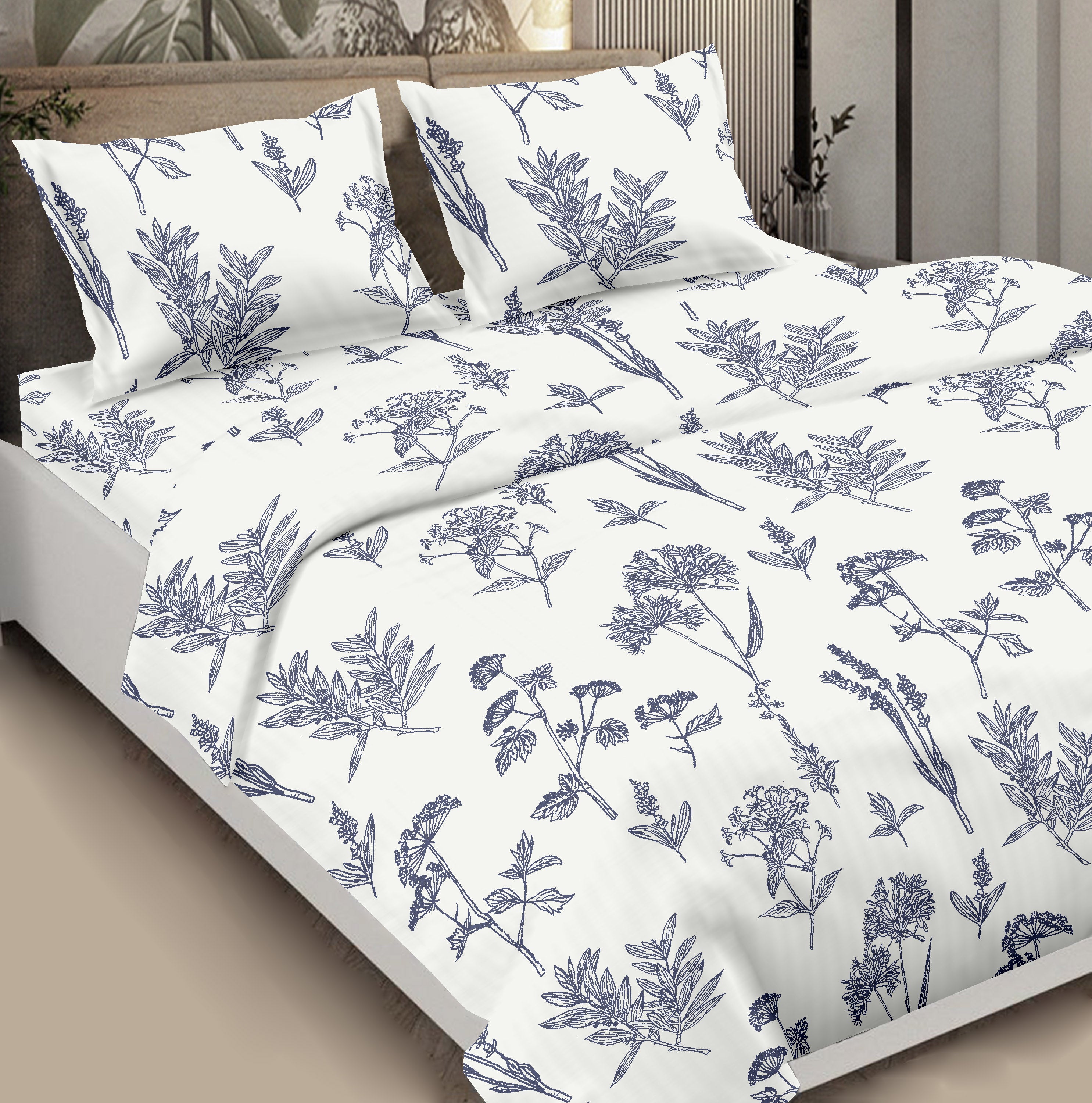 Polycotton Pillow Cover Aquatic Blossoms White Blue