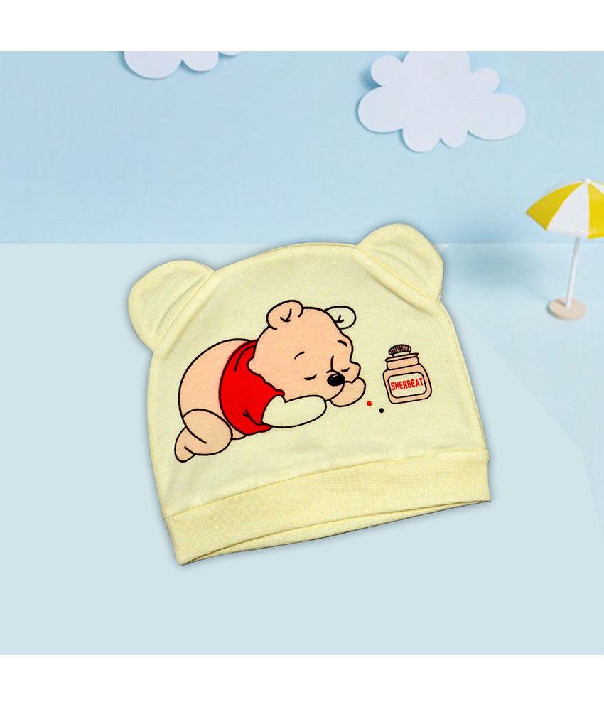 Pooh Design Baby Caps for Newborn in Yellow color