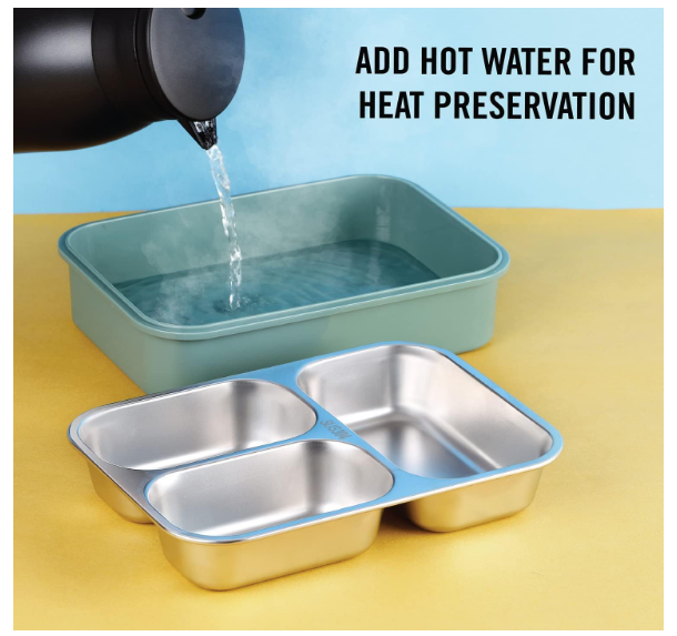 Lunch Box with Stainless Steel Inner Tray (900 ml) + Steel Spoon & Chopsticks | With Steam Vent | Leak proof lunch box