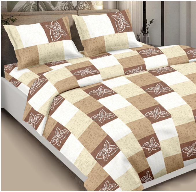 Pure Cotton Queen Size Bedsheet in Floral Print Brown Color | 144 TC