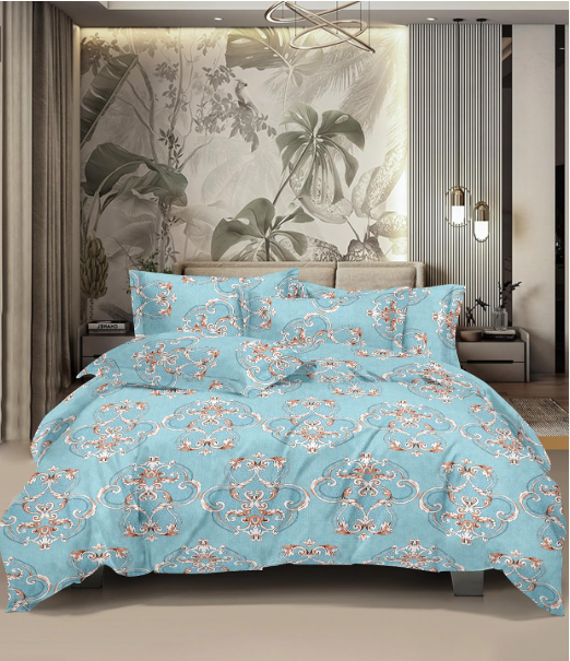 Glaze Cotton Printed Bedsheet for Double Bed, 1 Double Bedsheet Glaze Cotton (90 * 100Inches) with 2 Pillow Covers | 300 TC Bedsheet -(Royal Damask)-Blue