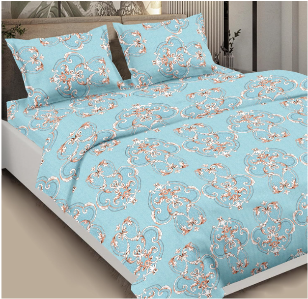 Glaze Cotton Printed Bedsheet for Double Bed, 1 Double Bedsheet Glaze Cotton (90 * 100Inches) with 2 Pillow Covers | 300 TC Bedsheet -(Royal Damask)-Blue