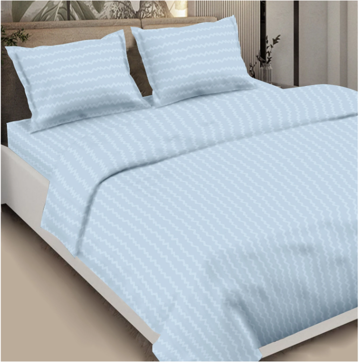 Beige & Blue White Cotton Double Bedsheet | 300 TC | Queen size