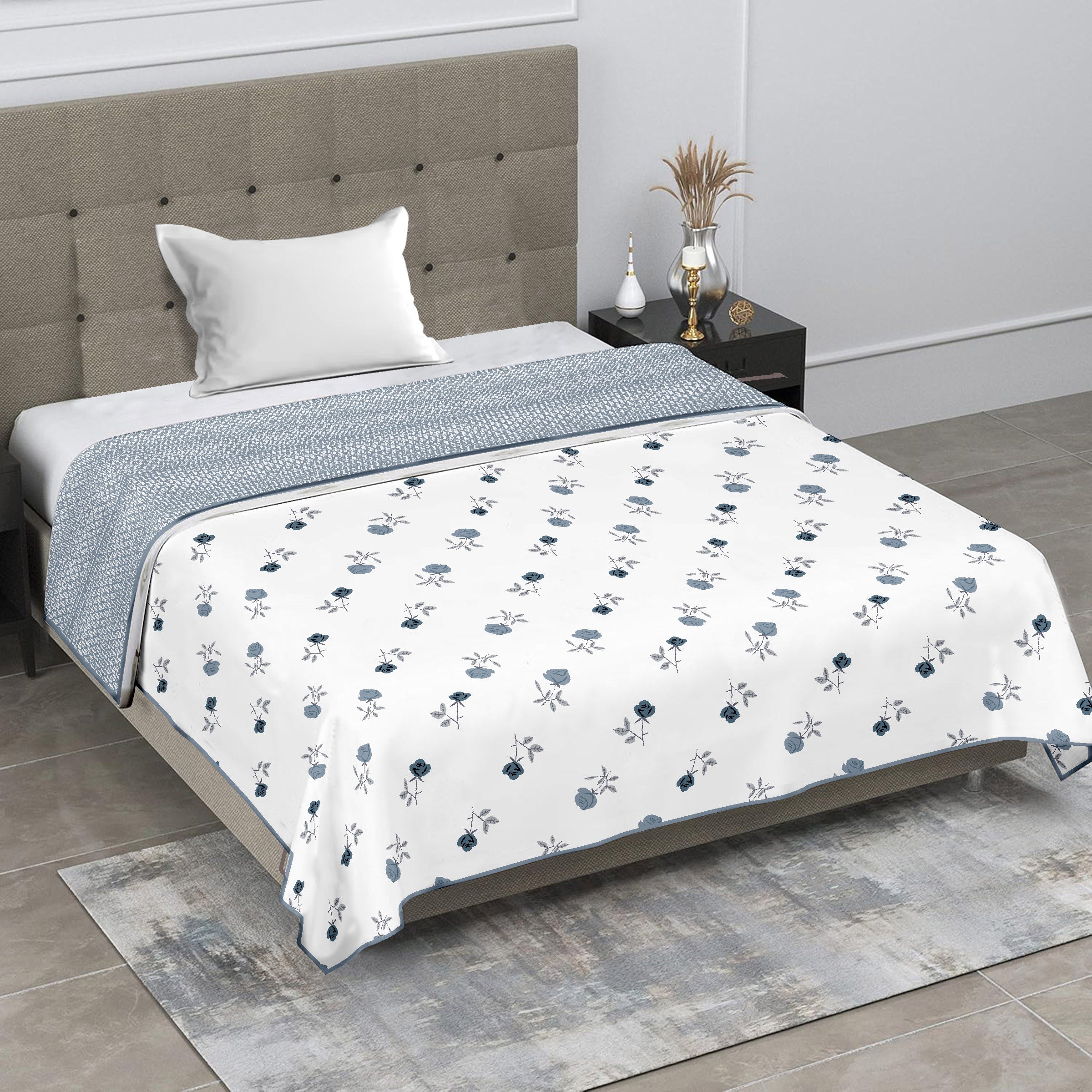 Single Bed Cotton Dohar (Gentle Floral Frost Blue)