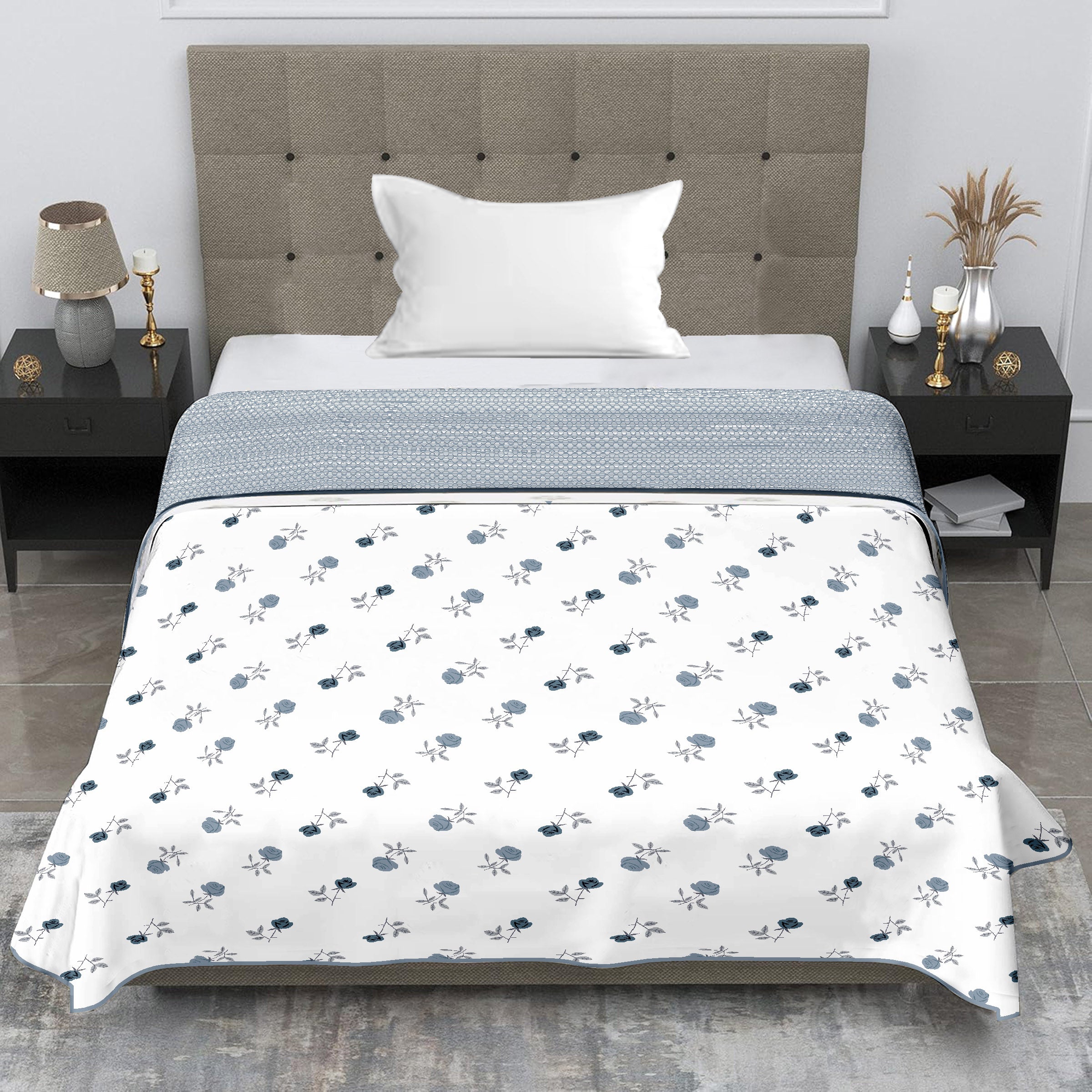 Soft Cotton Dohar for Single Bed (Gentle Floral Frost Blue)