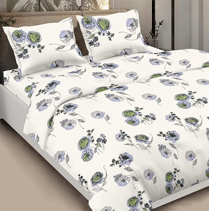 Springtime Lace Cotton Bedsheet for Double Bed | White & Blue