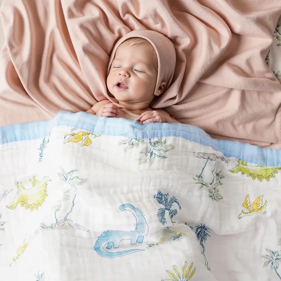Blue Dinosaur Muslin New Born Baby Blanket | 100% Cotton Multipurpose Blanket for Babies