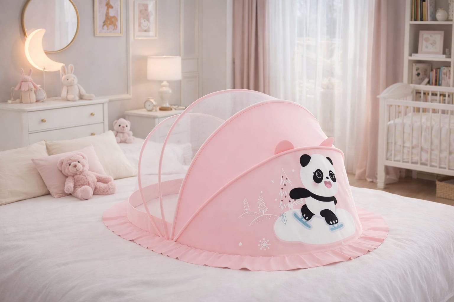 Pink Panda Baby Foldable Mosquito Net Tent (Quick-Open, Breathable Mesh) | 130 × 65 × 65 cm