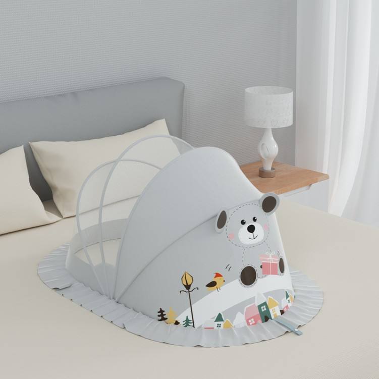 Grey Panda Baby Foldable Mosquito Net Tent (Quick-Open, Breathable Mesh) | 130 × 65 × 65 cm