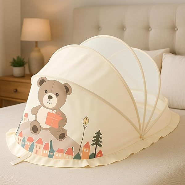 Beige Baby Foldable Mosquito Net Tent (Quick-Open, Breathable Mesh) | 130 × 65 × 65 cm