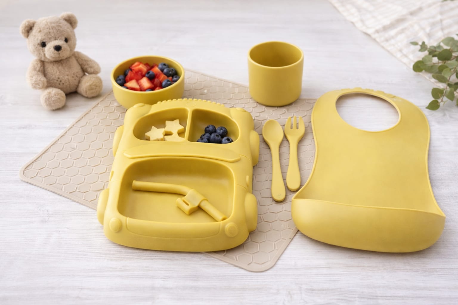 Silicone Baby Feeding Set (Yellow) | Plate + Bowl + Bib + Straw Cup + Spoon + Fork | BPA-Free | Spill Proof | Mess-Reducing Mealtime Kit