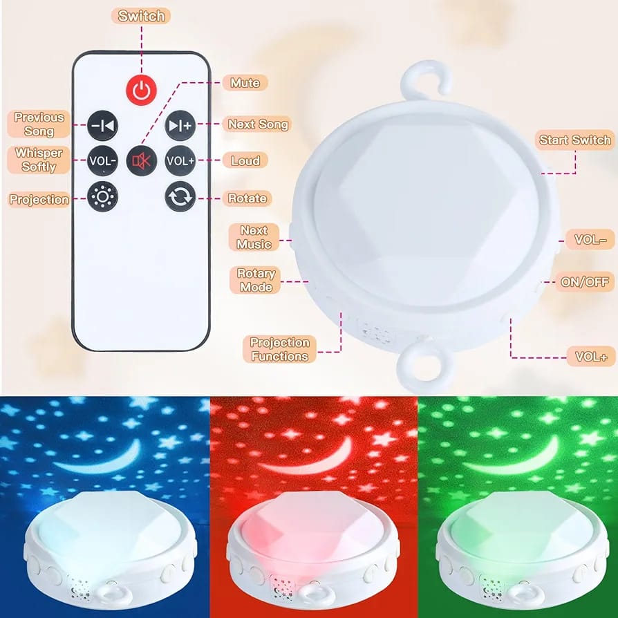 Baby Crib Hanging Toy with Music + 360° Rotation (Infant Crib Toy with Projector - Multicolor)
