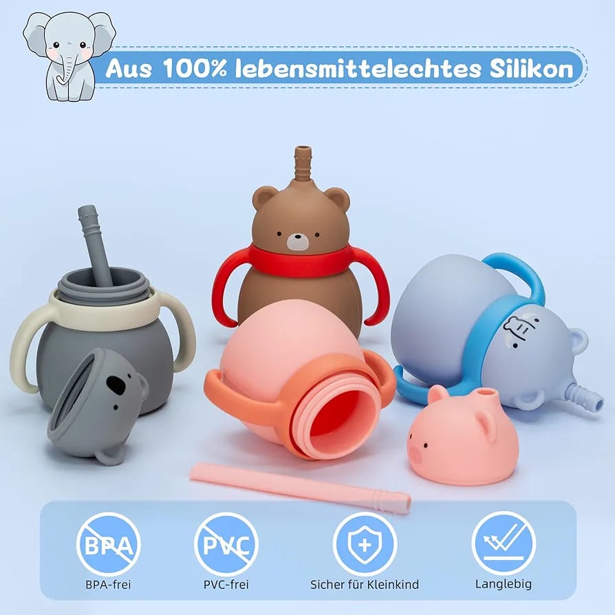 Silicone Baby Sipper Cup with Straw Blue Teddy Bear | BPA-Free | 200ml Baby Hydration Training Cup | Baby Travel sipper | Teething Friendly