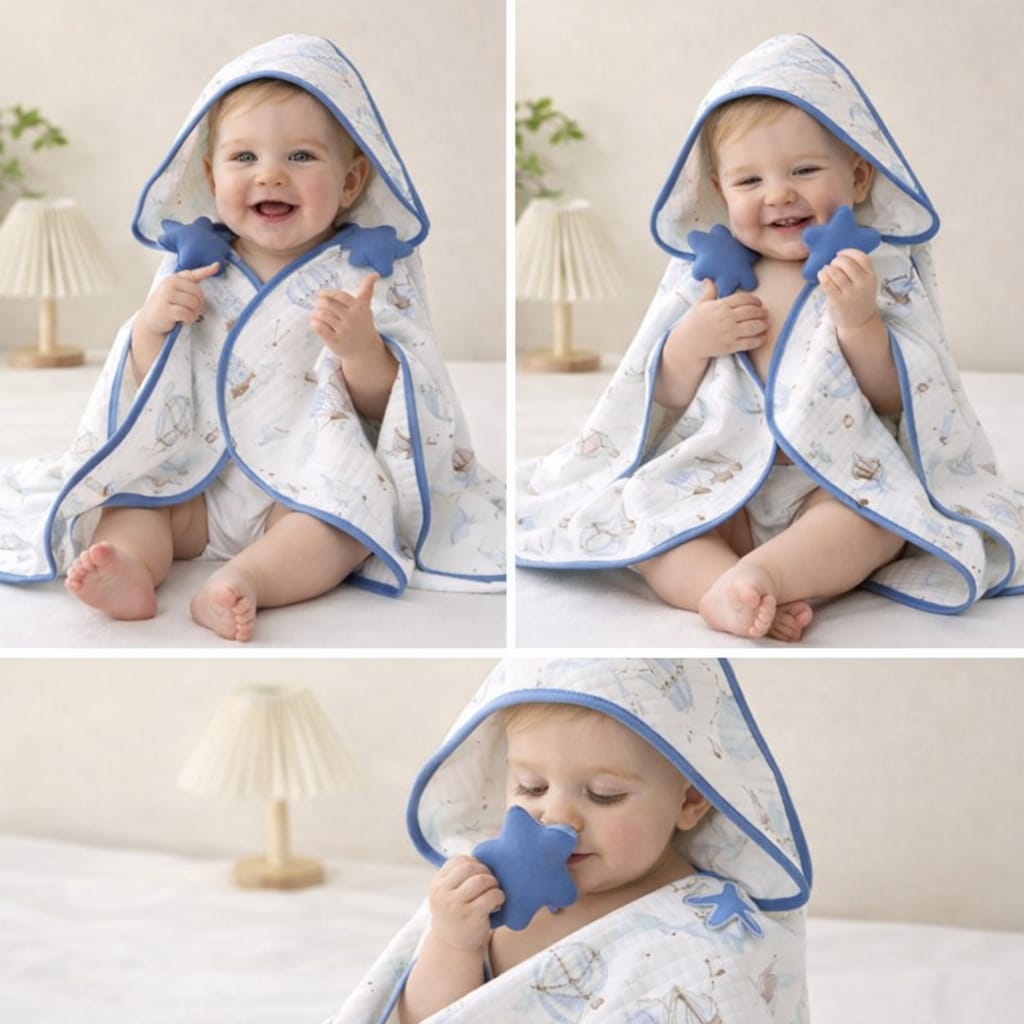 Baby Hooded Towel | 100% Muslin-Cotton (80x80 cm) | Ultra Soft & Absorbent Bath Towel for Infants & Toddler