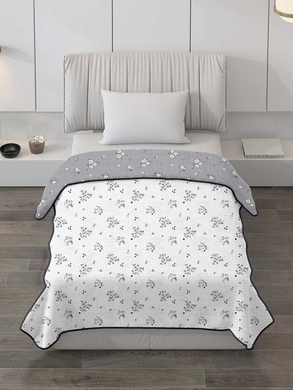 White & Grey Floral Cotton Dohar for Single Bed