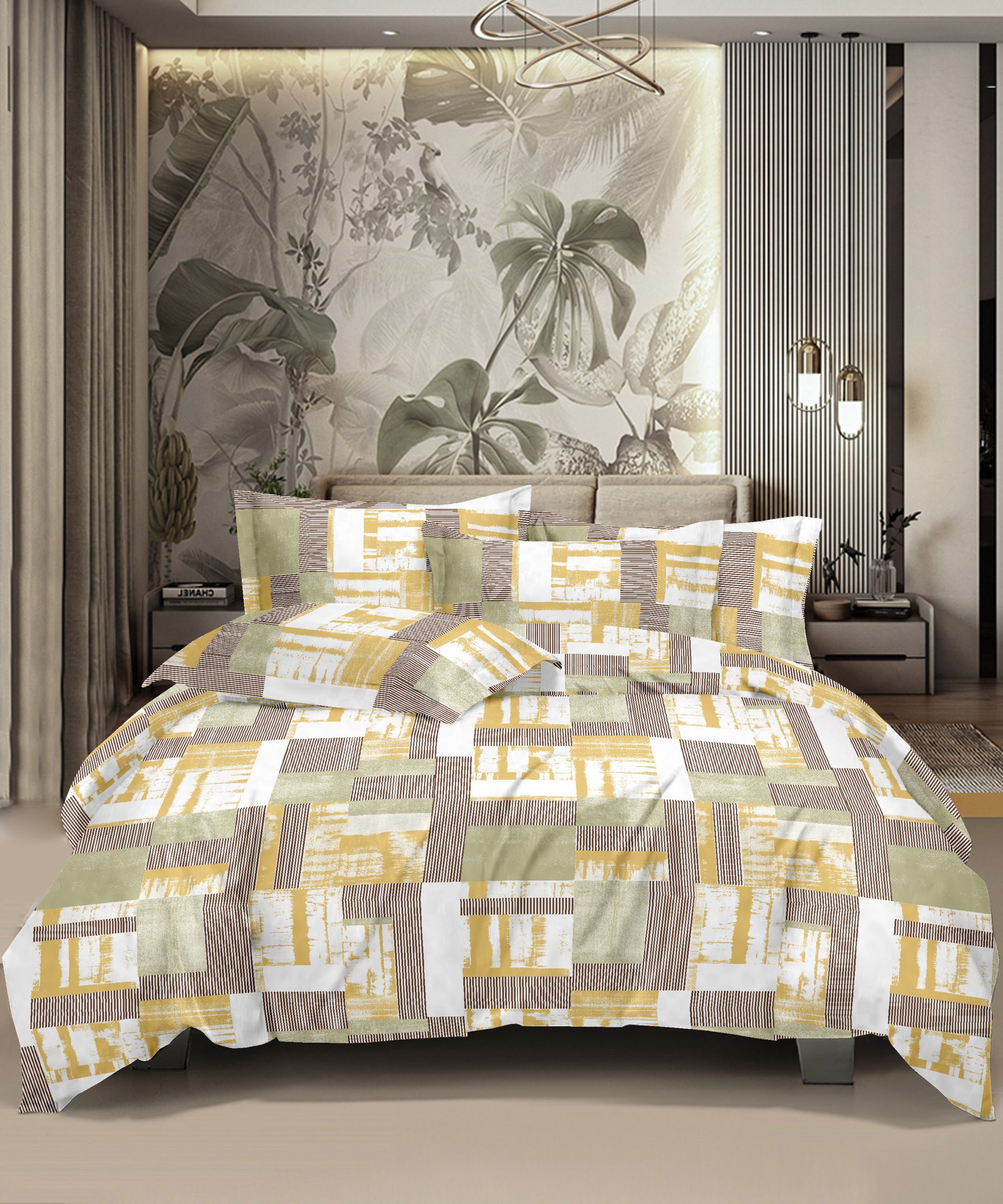 HONOR YOUR HOME 100% Cotton Bed Sheet for King Size Bed, 1 King Size Bedsheet 100% Cotton (108 * 108 Inches) with 2 Pillow Covers | 180 TC Bedsheet (Urban Grid) -Green Color
