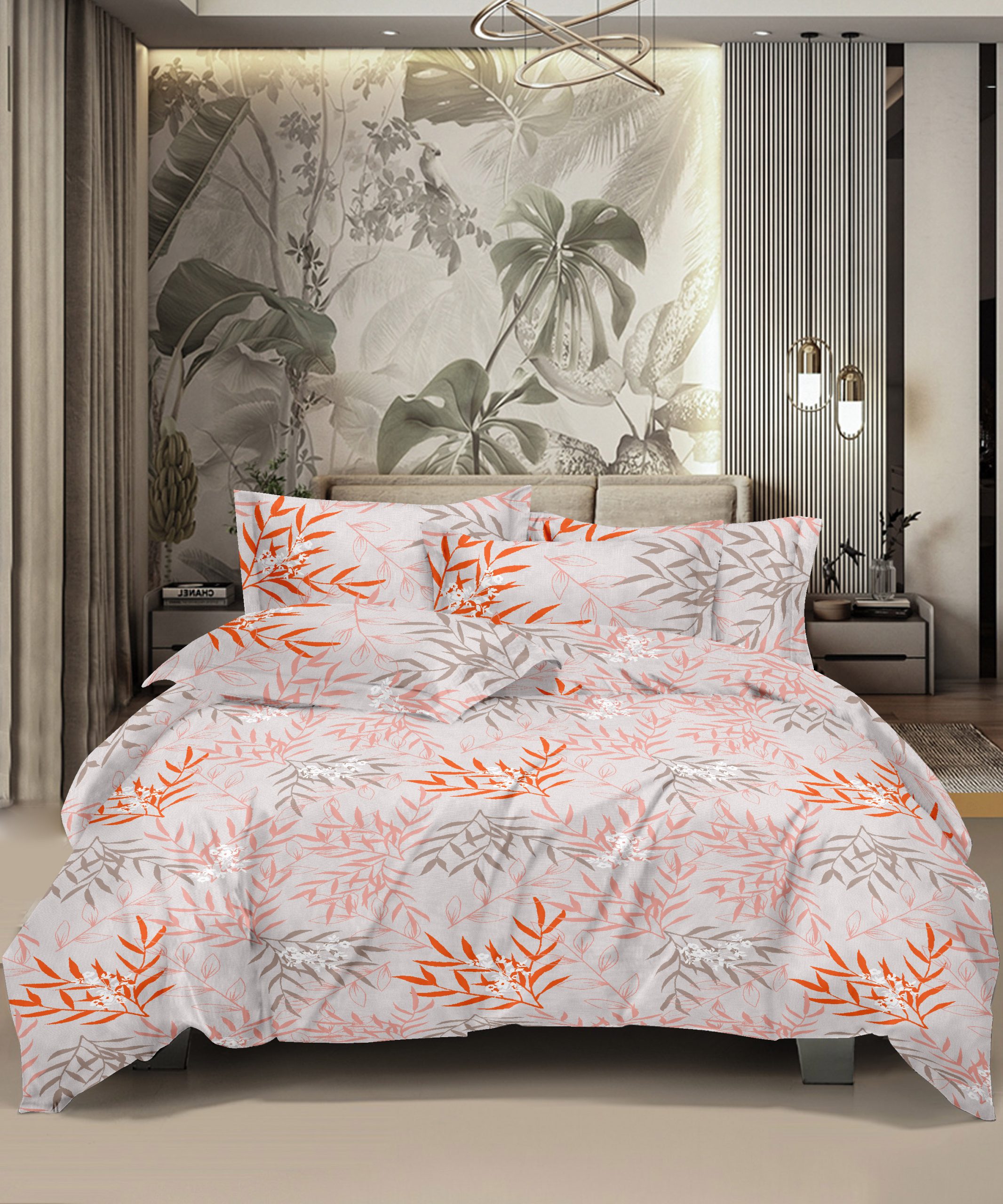 HONOR YOUR HOME 100% Cotton Bed Sheet for King Size Bed, 1 King Size Bedsheet 100% Cotton (108 * 108 Inches) with 2 Pillow Covers | 180 TC Bedsheet (Blusing Leaves) -Orange Color