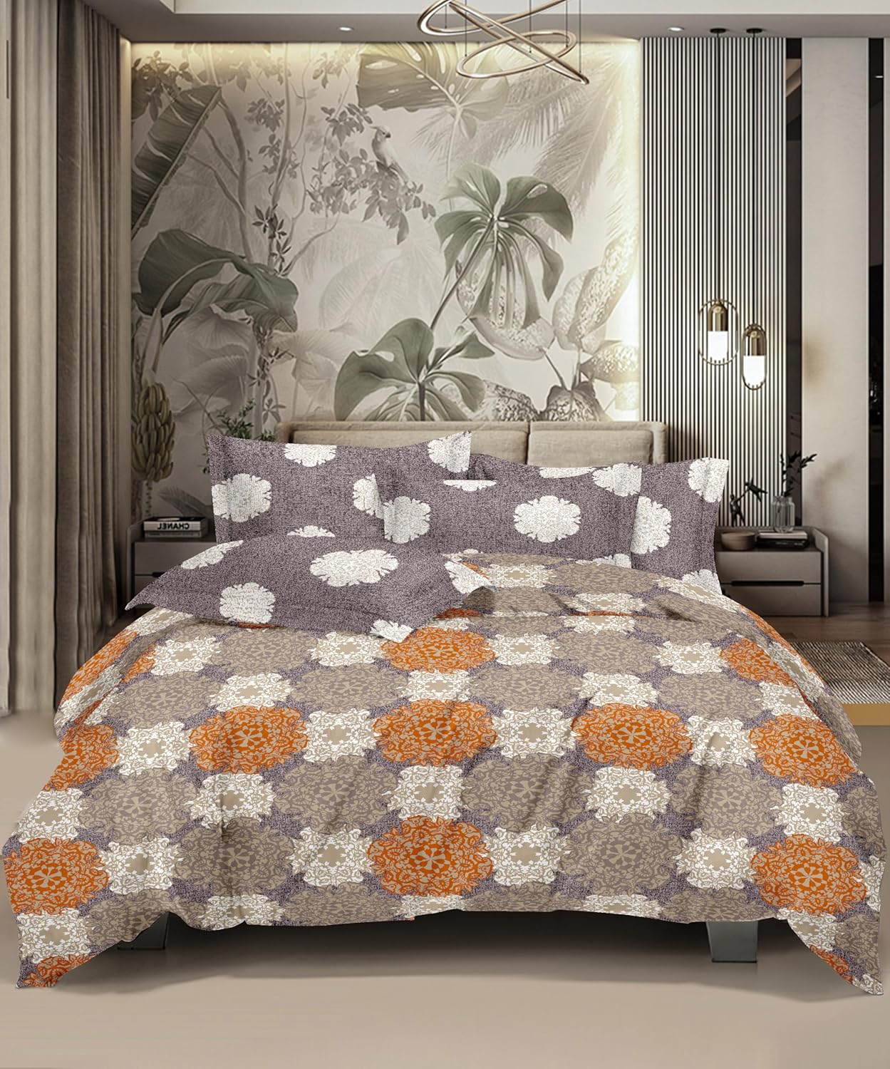 HONOR YOUR HOME 100% Cotton Bed Sheet for King Size Bed, 1 King Size Bedsheet 100% Cotton (108 * 108 Inches) with 2 Pillow Covers | 180 TC Bedsheet (Autumn Medallions) -Charcoal Grey Color