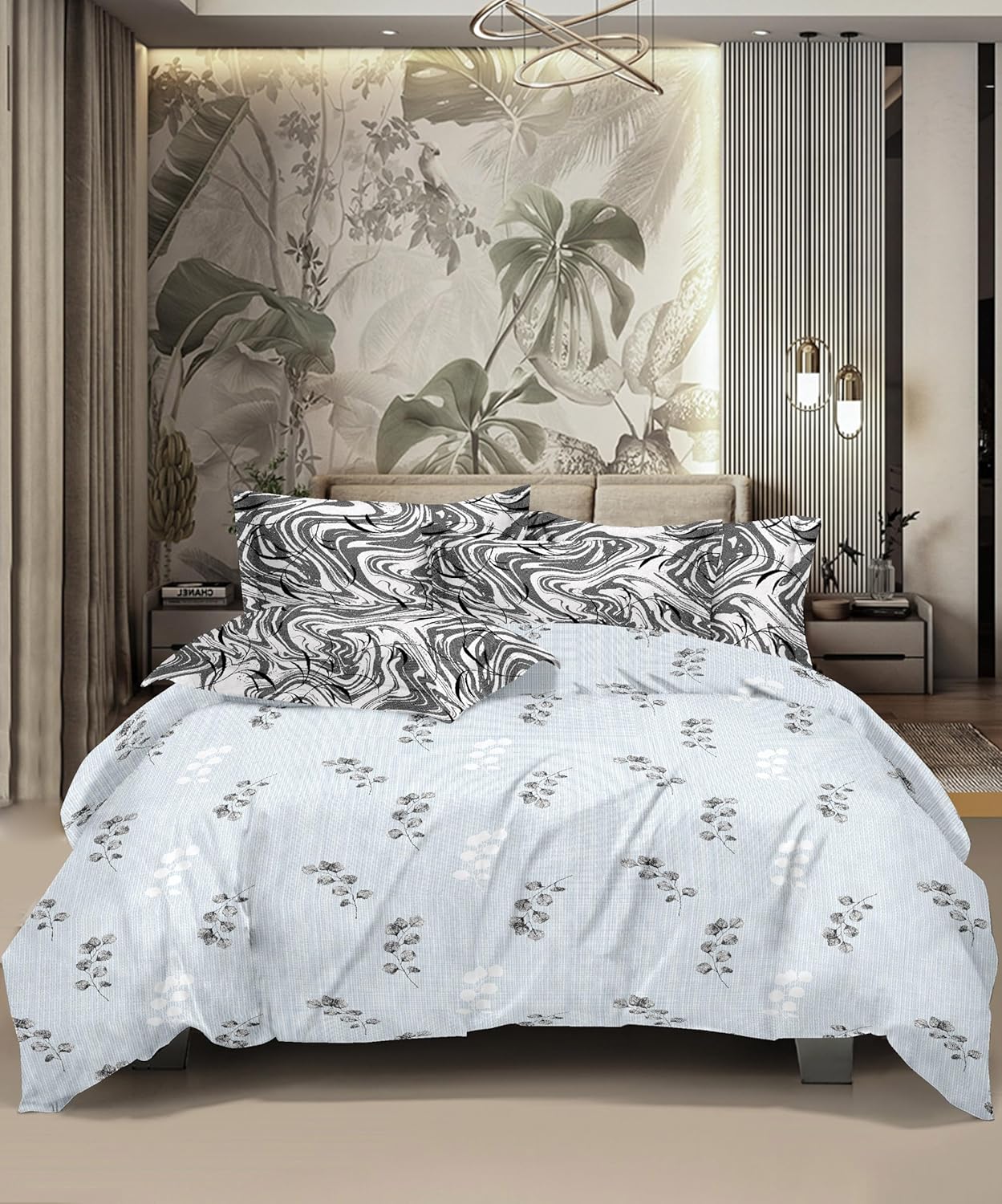 HONOR YOUR HOME 100% Cotton Bed Sheet for King Size Bed, 1 King Size Bedsheet 100% Cotton (108 * 108 Inches) with 2 Pillow Covers | 180 TC Bedsheet (Marble Mist) -Blue Color