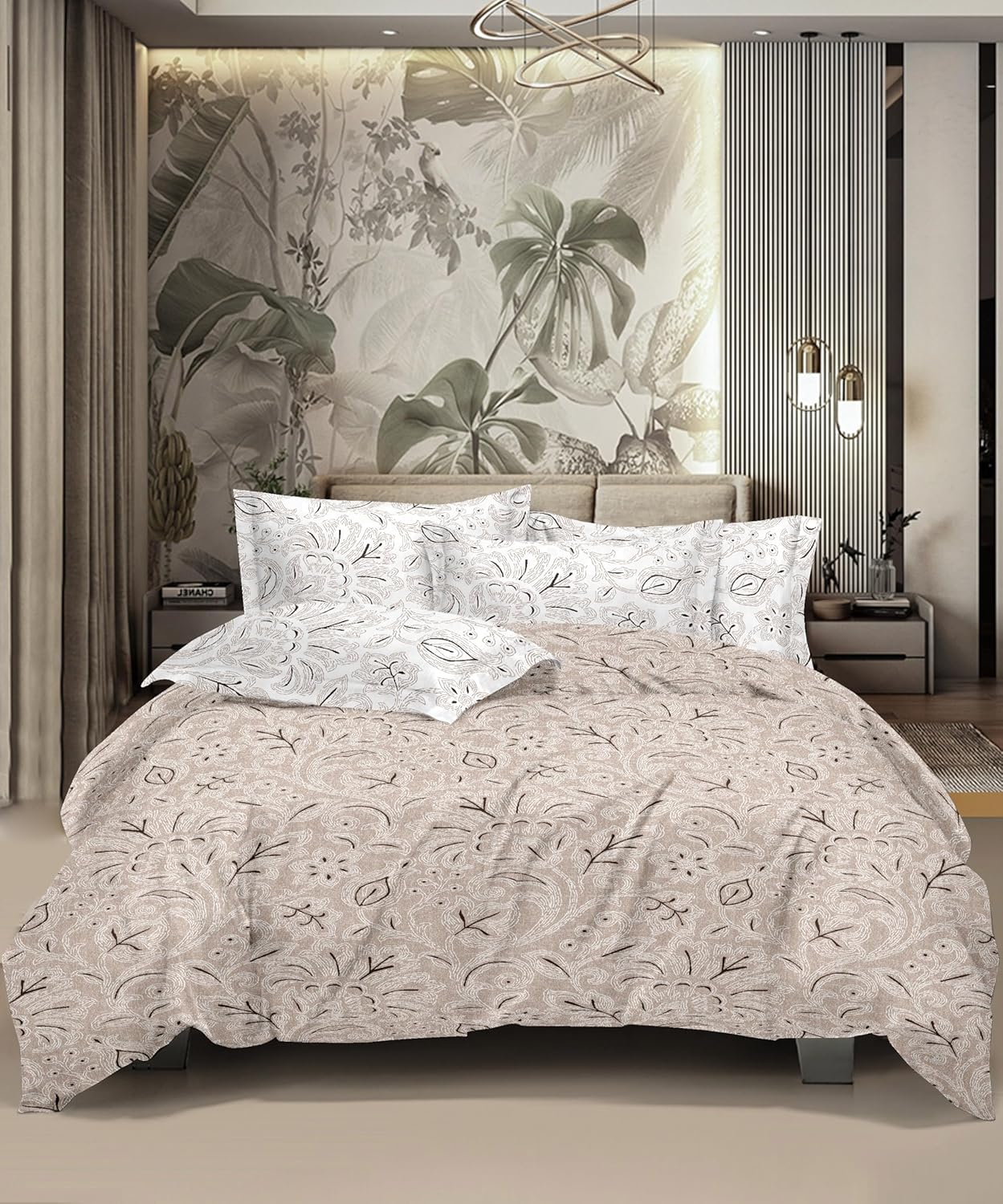 HONOR YOUR HOME 100% Cotton Bed Sheet for King Size Bed, 1 King Size Bedsheet 100% Cotton (108 * 108 Inches) with 2 Pillow Covers | 180 TC Bedsheet (Rustic Florals) -Beige Color
